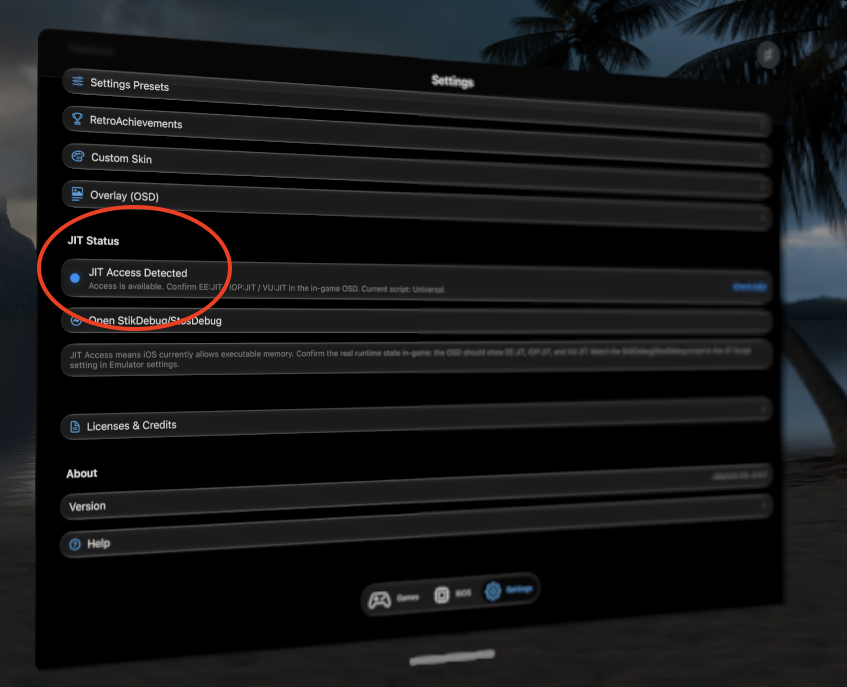 ARMSX2&rsquo;s settings showing JIT Access Detected