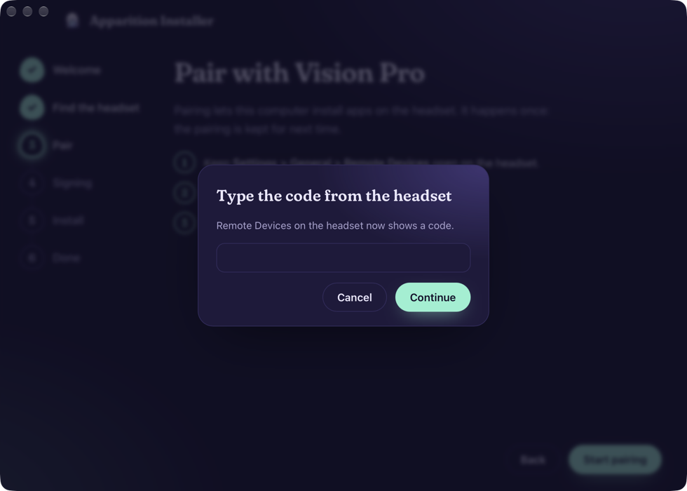 Typing the code from the headset