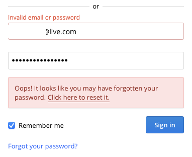 Invalid email or password error